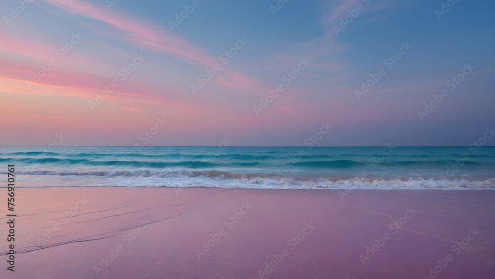 beach at sunset, beautiful sky with pink clouds.