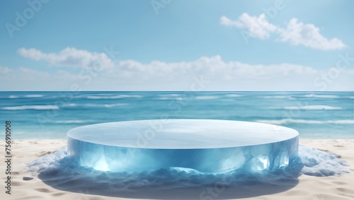 Ice podium on sand beach for product placement, promotion, advertisement.