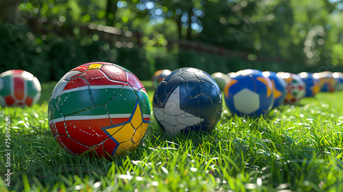 Soccer Balls With Various Countries Flags on Grass, International Football Tournament, Sports Competition Concept, Soccer Match Equipment, World Cup Championship, Generative Ai

 photo