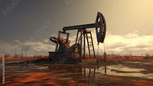 Silhouette of oil pumps. Landscape like Texas with glowing sky during sunset and some clouds. Oil and gas industry, drilling and oil production.