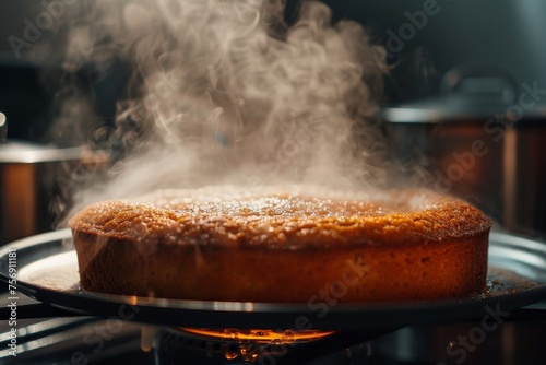 a cake coming out of the oven, smelling delicious and tempting