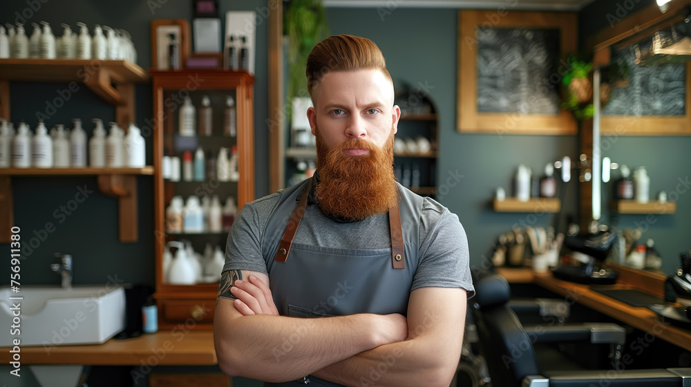 Get Groomed to Perfection, Professional Male Barber Standing in a Barbershop, Generative AI