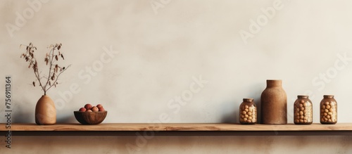 A hardwood shelf features an arrangement of vases, jars, and a bowl on top. The still life composition creates a beautiful contrast against the wooden landscape