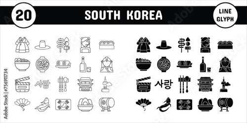 South Korea Line Glyph Vector Illustration Icon Sticker Set Design Materials photo