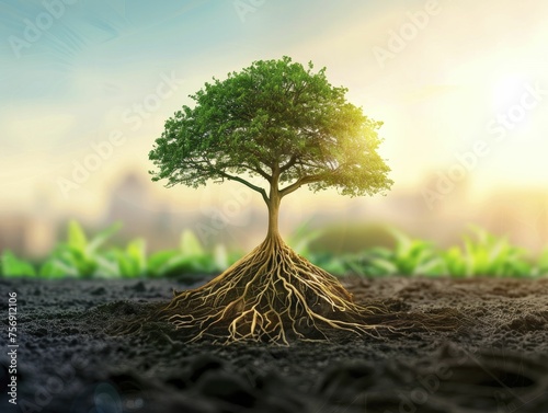 A symbolic tree  roots as  education   branches as  opportunities   signifies empowerment and growth under a clear sky.