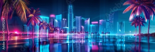 Digital real estate development concept with neon skyline in palms