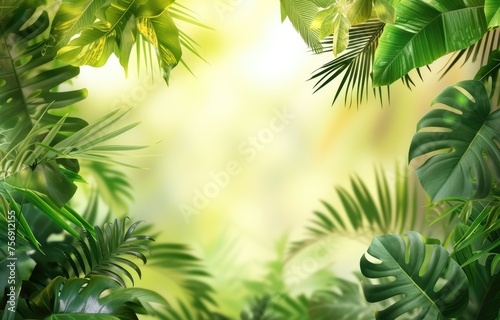 An evocative scene of a tropical forest, with a lush canopy and an abundance of tropical flora.