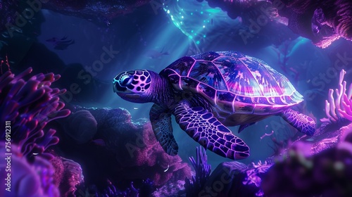Neon turtle swimming through a neon lit underwater cave