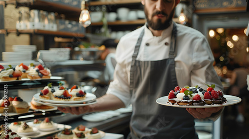 Waiter Carrying Plates with Dessert, Restaurant Service Concept, Professional Waitstaff Serving Sweet Food, Culinary Presentation, Generative Ai

 photo