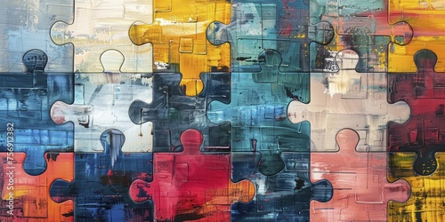 An intricate jigsaw puzzle mirrors diverse economic sectors, portraying the essential holistic strategy for complete economic integration on a blank canvas. photo