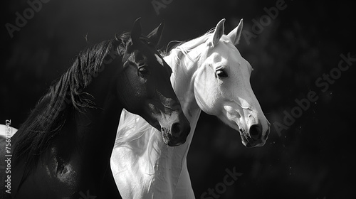 Majestic White and Black Horse Galloping in Open Field, Powerful Equine Beauty, Graceful Equestrian Movement, Generative AI   © Dzynee