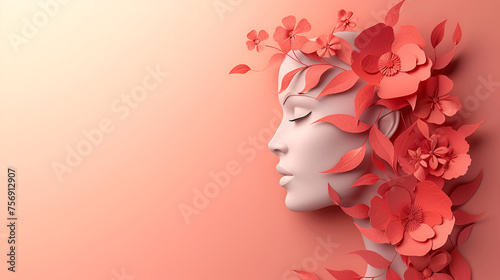 Elegant Woman's Face with Floral Style Paper Cut, Creative Craftsmanship, Feminine Beauty, Artistic Portrait with Copy Space, Generative AI   © Dzynee