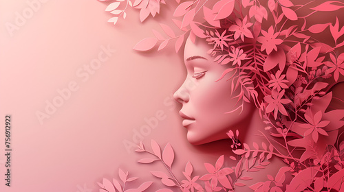 Elegant Woman's Face with Floral Style Paper Cut, Creative Craftsmanship, Feminine Beauty, Artistic Portrait with Copy Space, Generative AI