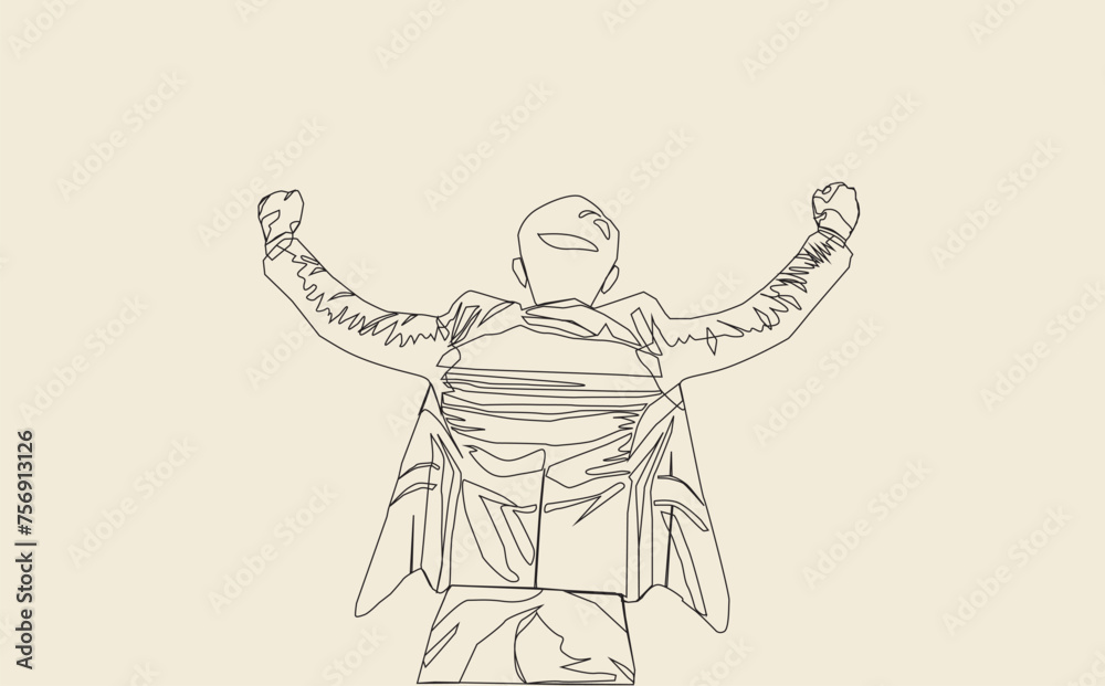 vector line art drawing of a male businessman raising both hands while standing expressing his success illustration