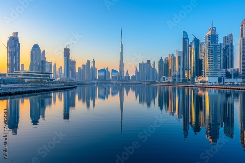 City skyline of Dubai from the perspective of the Dubai Water Canal