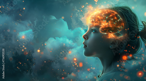 Young Girl Thinking with Glowing Brain Illustration, Creativity and Intelligence, Brainstorming Idea Concept, Mind Power and Innovation, Generative AI