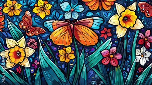 Butterfly garden and daffodils  a vibrant doodle pattern reflecting the beauty of Easter