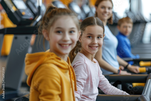 Portrait of active happy family with two kids doing sport exercises in gym