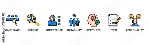 Assessment center banner web icon vector illustration concept for personal audit of human resources with icon of user candidate, recruit, competence, suitability, aptitudes, test and personality