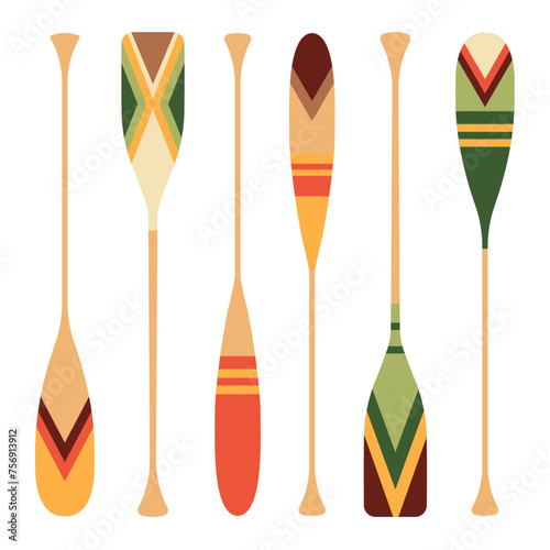 Canoe oars, retro style illustration. Wooden paddle vector graphic elements set. 