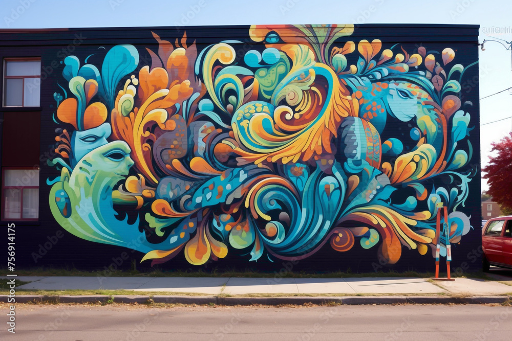 Street art mural transforms a city wall into a canvas of psychedelic wonders.