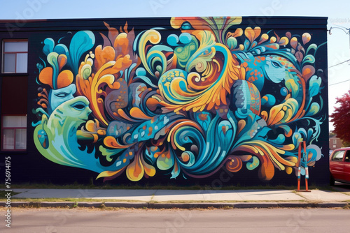 Street art mural transforms a city wall into a canvas of psychedelic wonders. © Haider