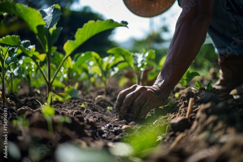 a farm worker planting a seed, digging a hole and watering it