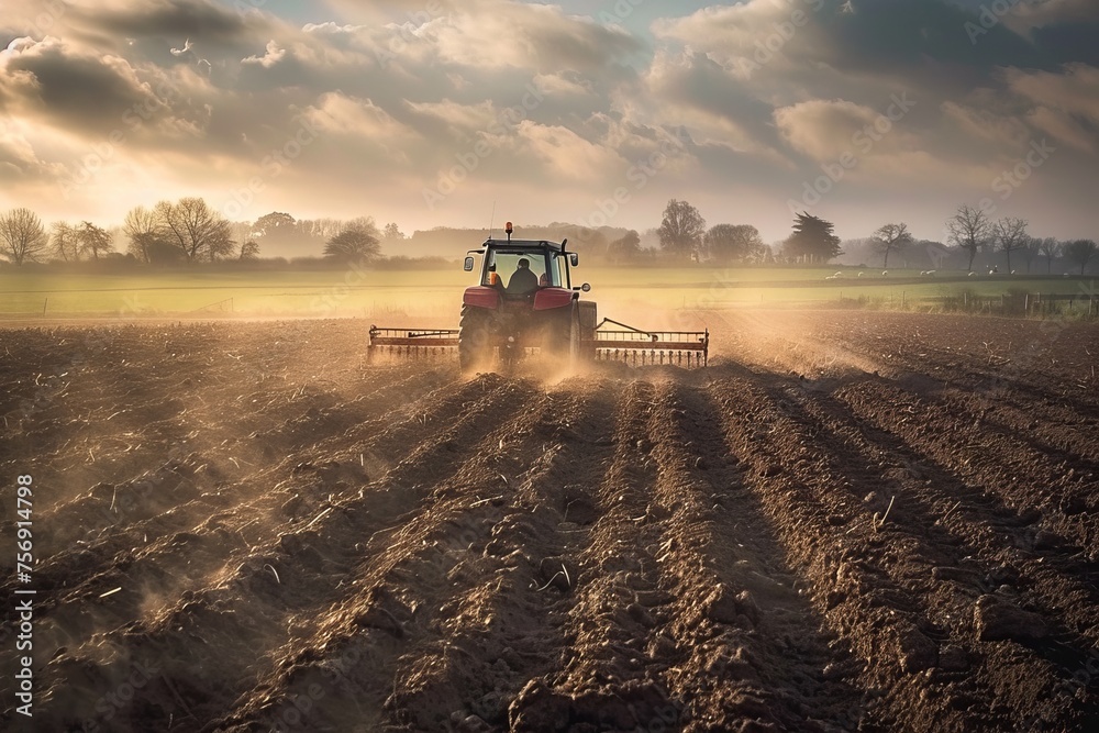 Fototapeta premium a farmer plowing a field, driving a tractor and turning the soil