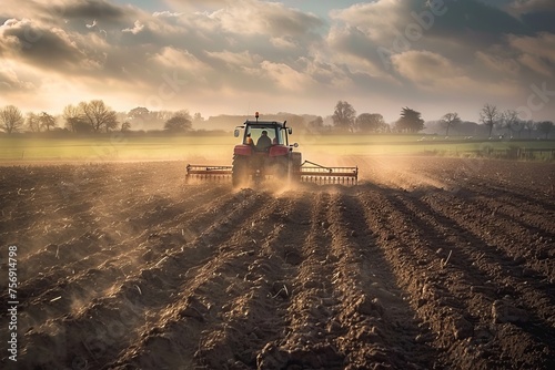 a farmer plowing a field, driving a tractor and turning the soil
