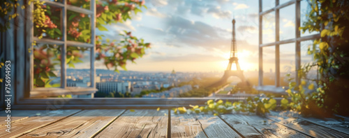 Beautiful scenery: empty white wooden table with Eiffel Tower view, blurred bokeh out of an open window, product display, defocus bokeh, blurred background with sunlight. product display template