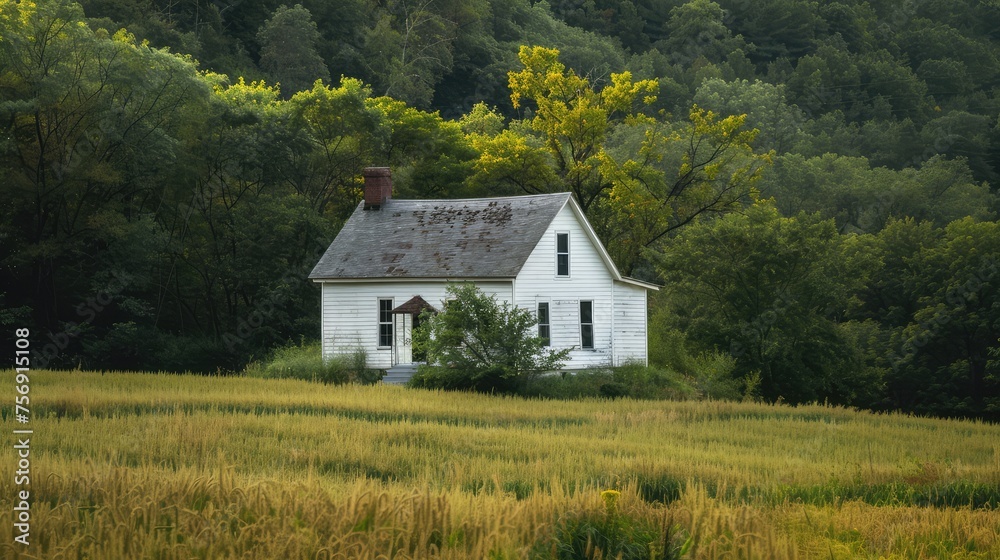 A white farmhouse in the countryside, white abandoned house in the middle of a field,abandoned house near the forest