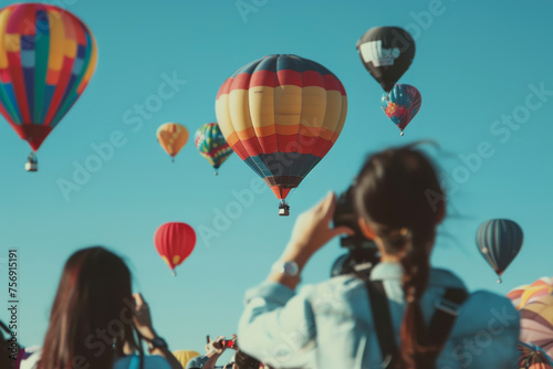 A colorful hot air balloon festival, balloons ascending against a clear blue sky.