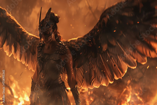A fierce Valkyrie, with wings of fire, standing on a battlefield strewn with fallen warriors