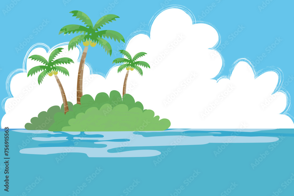 椰子の木、草木に覆われた小島が浮かぶ海と青空の背景のベクターイラスト