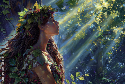 A goddess of nature, adorned with leaves and flowers, standing in a sun-dappled forest clearing
