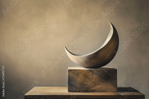 A minimalistic sculpture, smooth curves contrasting against rough edges.
