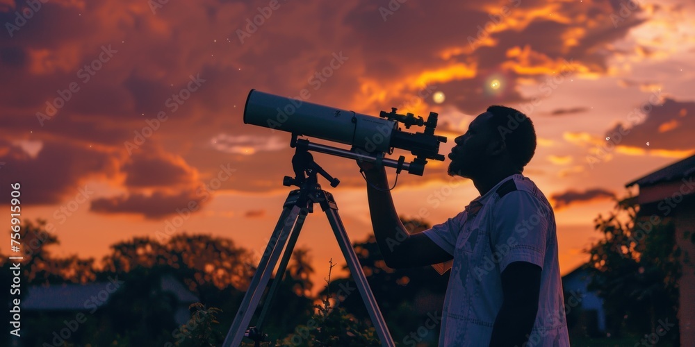 African American male setting up a telescope at sunset for stargazing.
