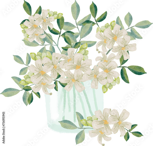 Fototapeta Naklejka Na Ścianę i Meble -  watercolor white murraya orange jasmine flower bouquet in glass vase clipart