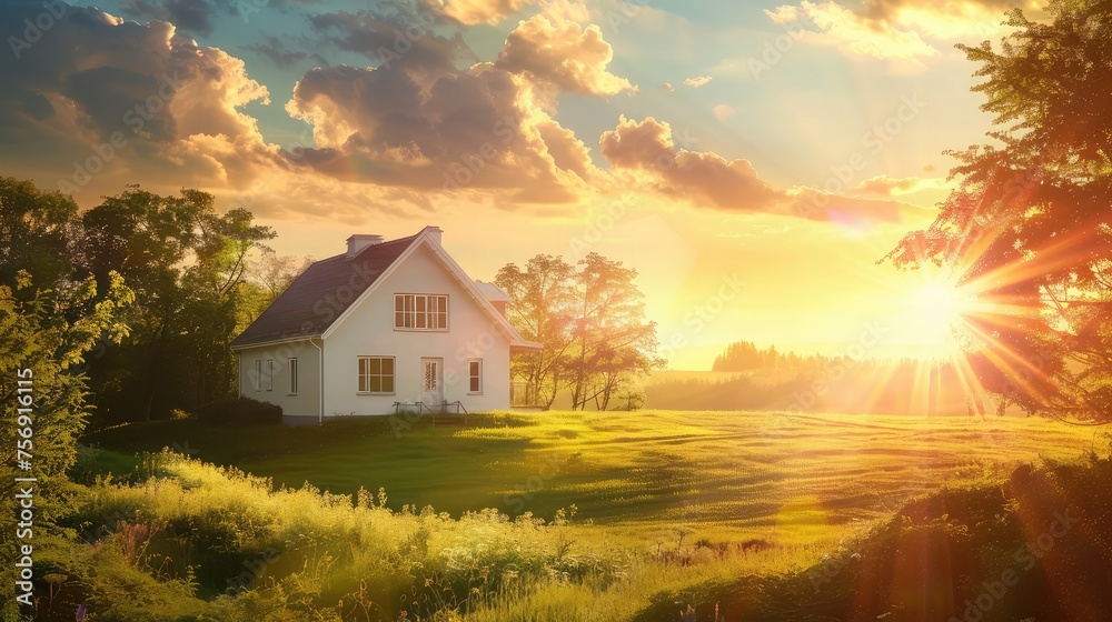 Beautiful white house with sun and a stunning landscape,Countryside landscape with house in the morning light.