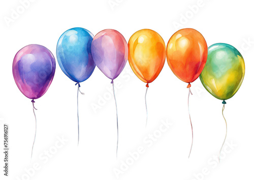 Colorful balloons watercolor vector illustration  birthday celebration balloons clipart  isolated on white background  many balloons in a row