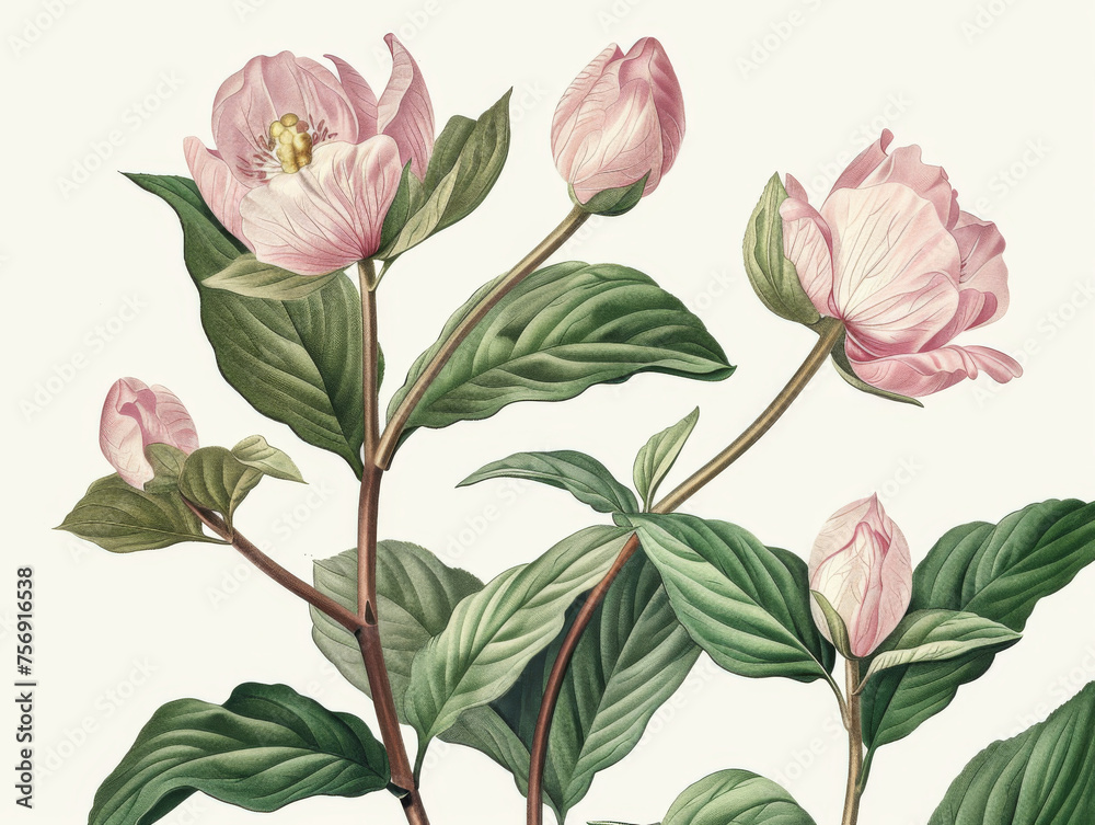 Vintage botanical illustration of pink peony flowers with green leaves