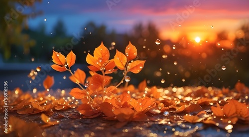 "Experience the vibrant hues of a summer sunset as the orange leaves dance in the warm breeze, adorned with sparkling dew drops."