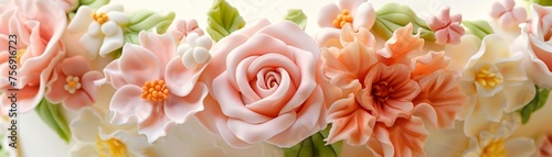 Close-up of a cake with detailed sugarcraft flowers in pastel colors