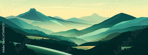 small mountains in the style of graphic illustration, simplified forms, tonalist color scheme, flat composition