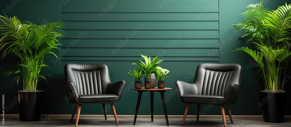 A cozy living room in a house with two chairs and a table adorned with potted plants. The furniture is made of wood, creating a green and natural atmosphere