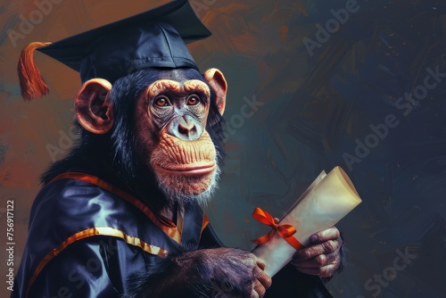 a monkey wearing a gown and a cap, graduating from a university and holding a diploma photo