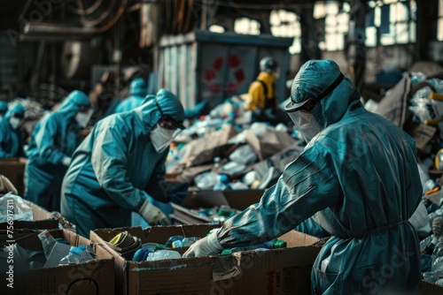 Workers sorting recyclable materials in a recycling center, embodying environmental responsibility. © Postproduction