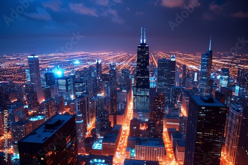 The Chicago city skyline at night