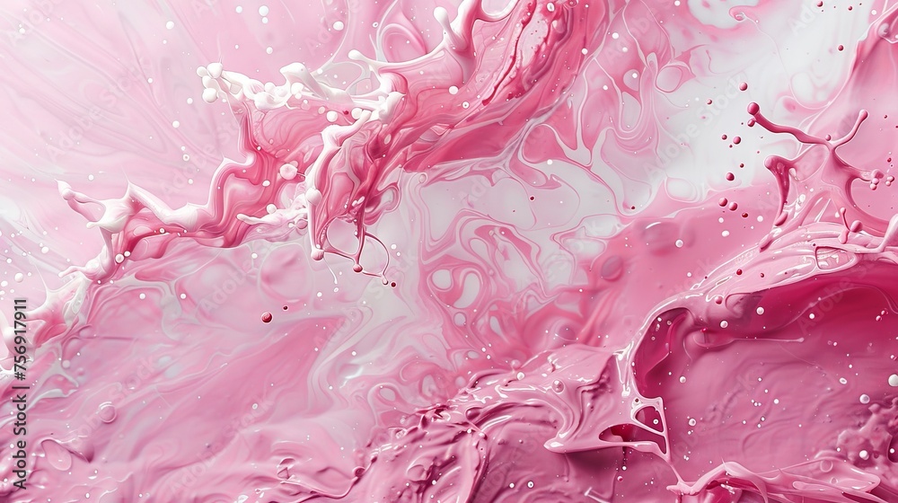 Obraz premium Flowing streams of paint blending seamlessly on a pink and white canvas, creating an abstract background with dynamic movement and texture.