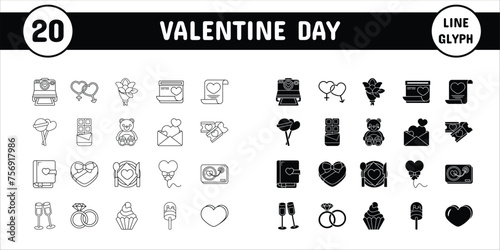 Valentine Day Line Glyph Vector Illustration Icon Sticker Set Design Materials